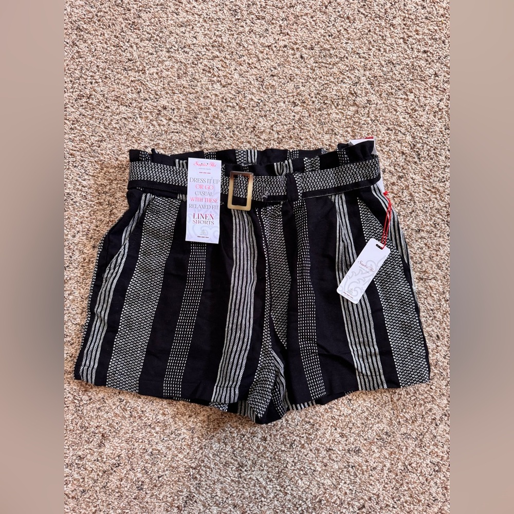 Sapphire Red Belted Linen Striped Shorts